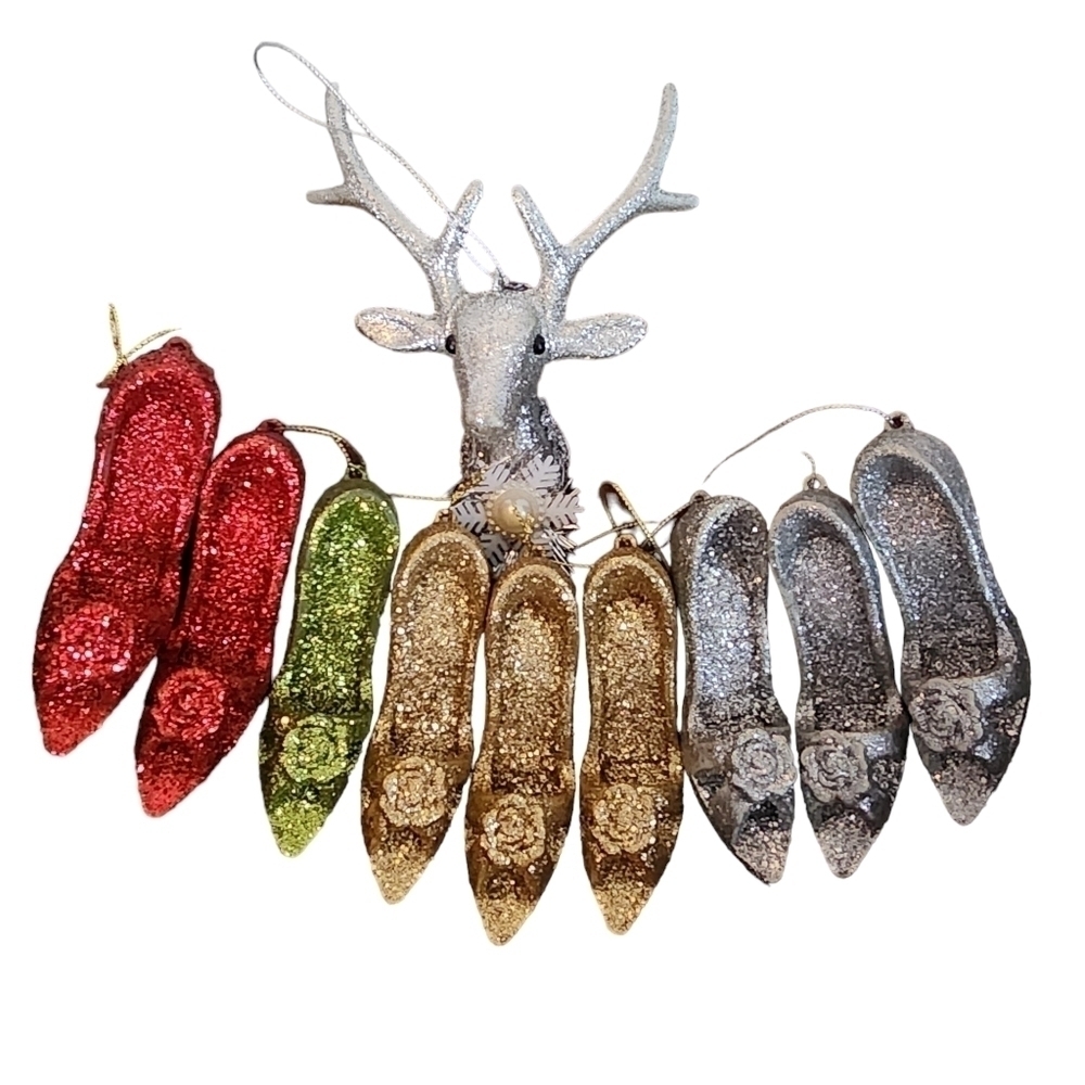 Lot of 10 glitter resin ornaments high heel shoes & Deer